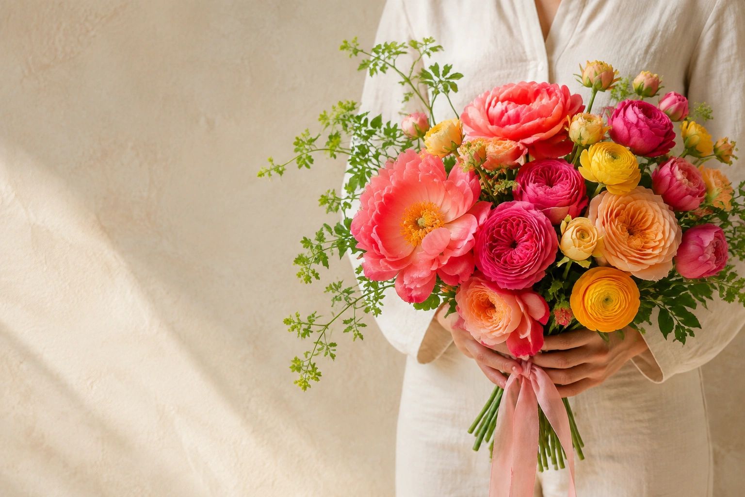 Person holding a colorful flower bouquet